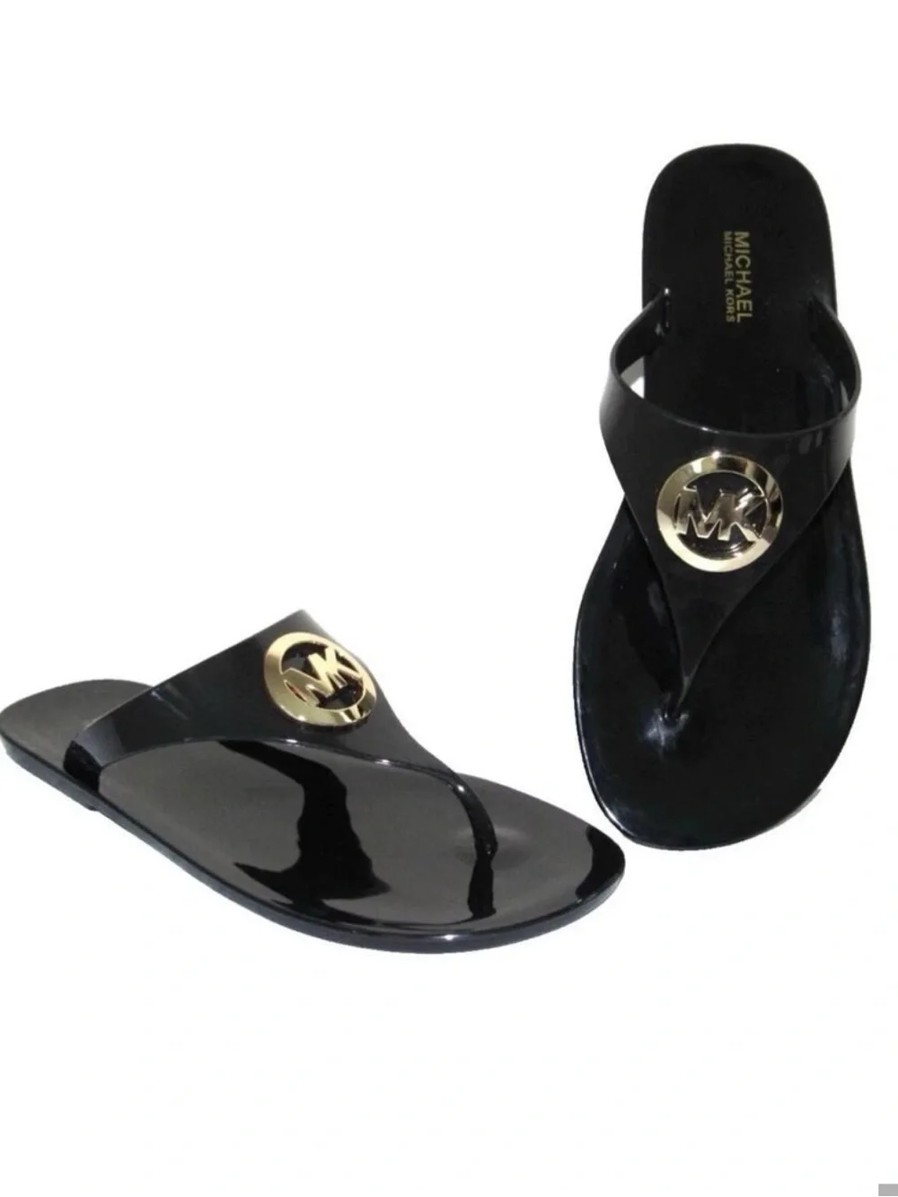 Michael Kors Black Jelly Thong Sandals with Gold MK Medallion 9